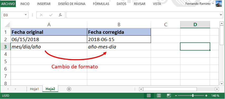 Cambio de formato de fechas en Excel