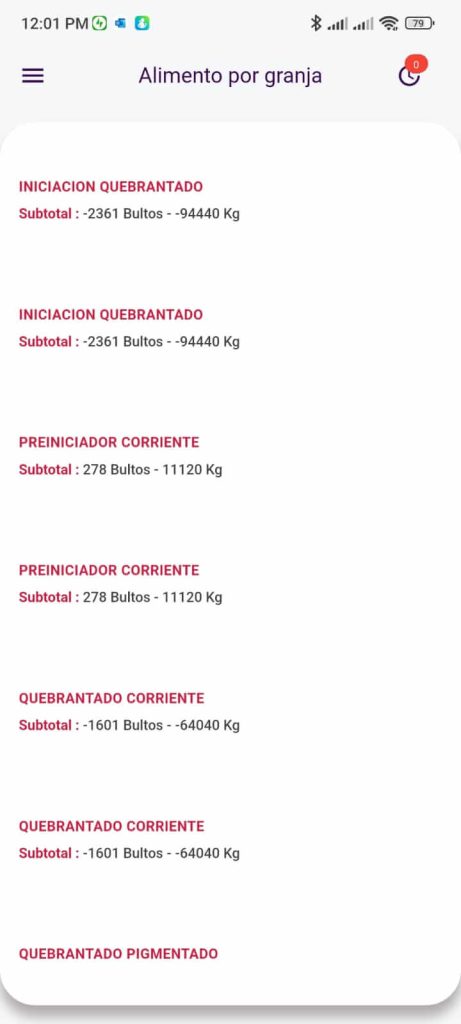 Alimento por granja Engorde app mobile