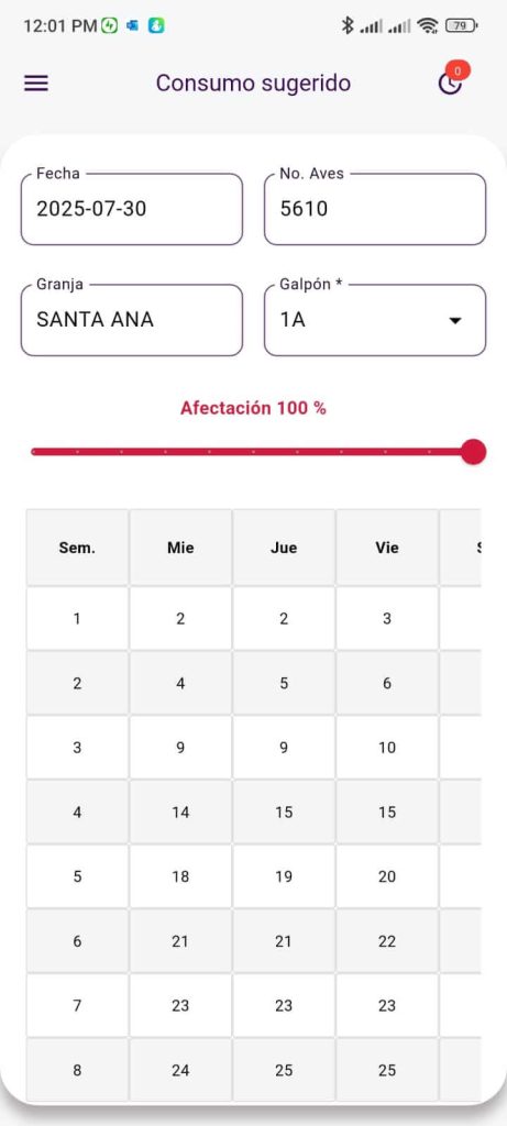 Consumo sugerido Engorde app mobile