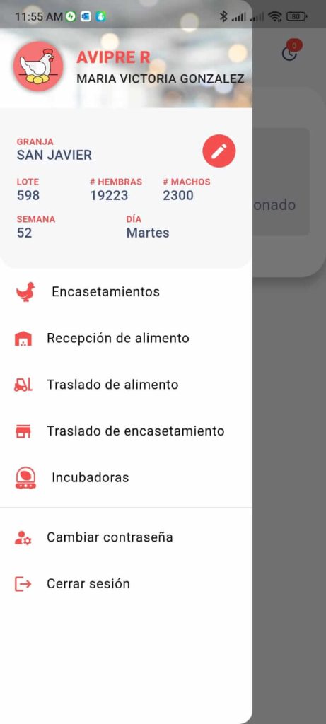 Menú principal App mobile Avipre Reproductoras