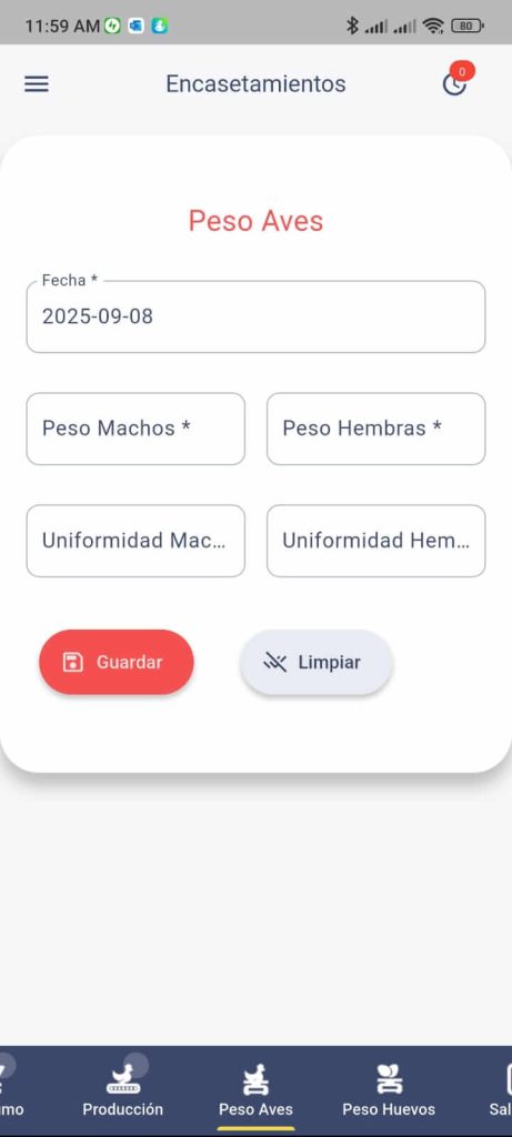 Gestión de Peso Aves Reprod App mobile