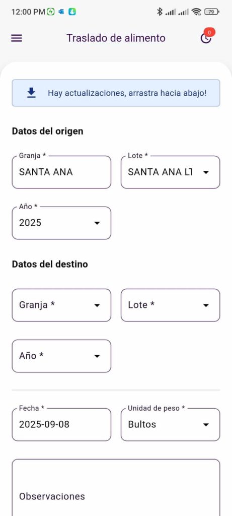 Traslados de Alimento Engorde App mobile
