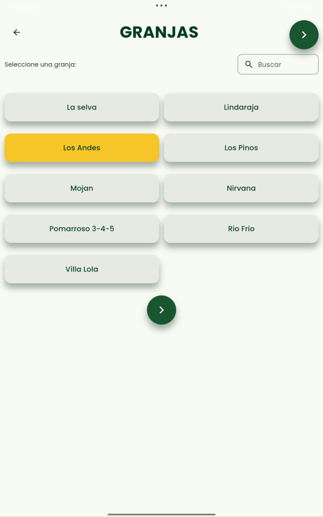 Selección Granja - Lote- Galpon- Encasetamiento App mobile GranjaTech Solla